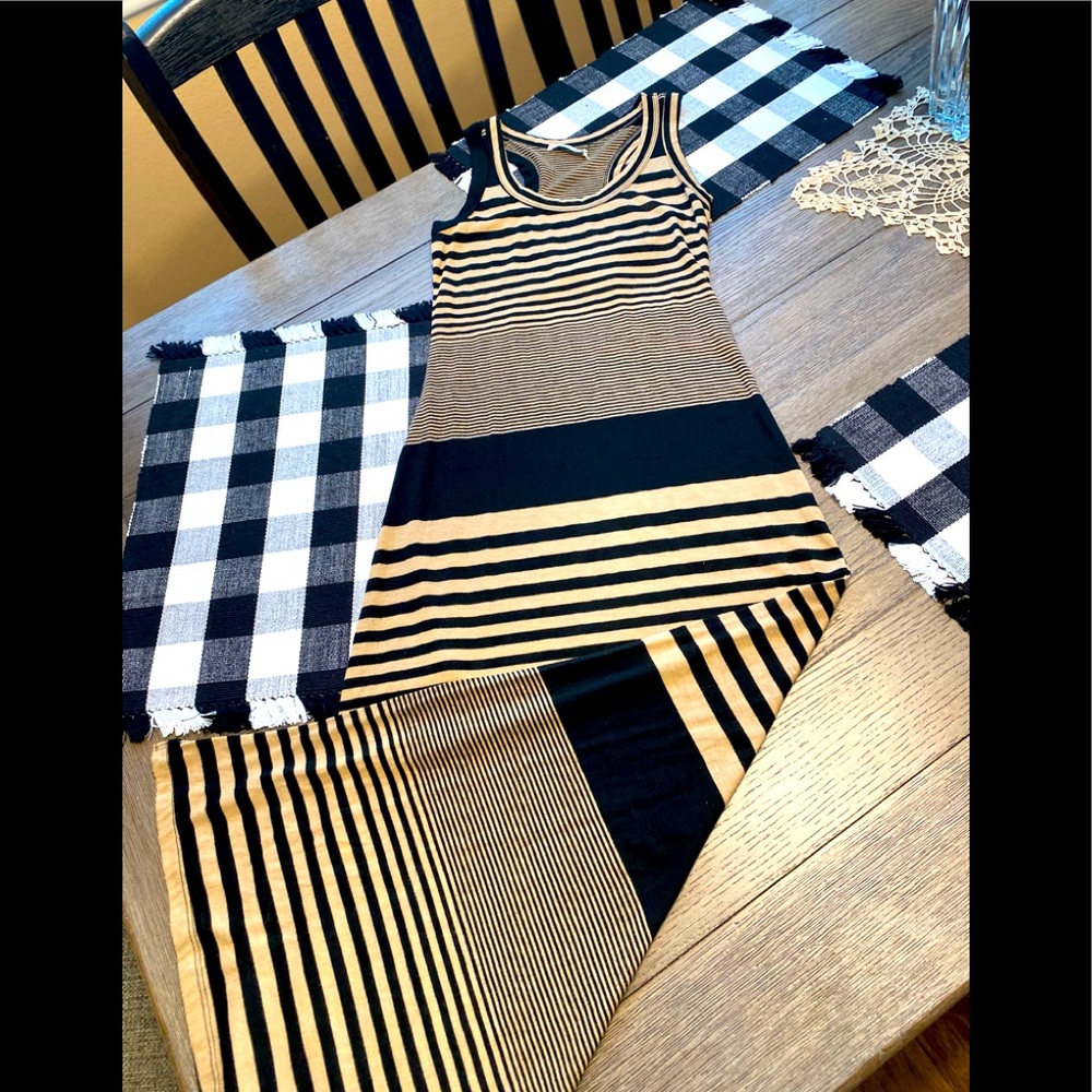 •Timing Black And Tan Stripped Maxi Dress with Side Slit